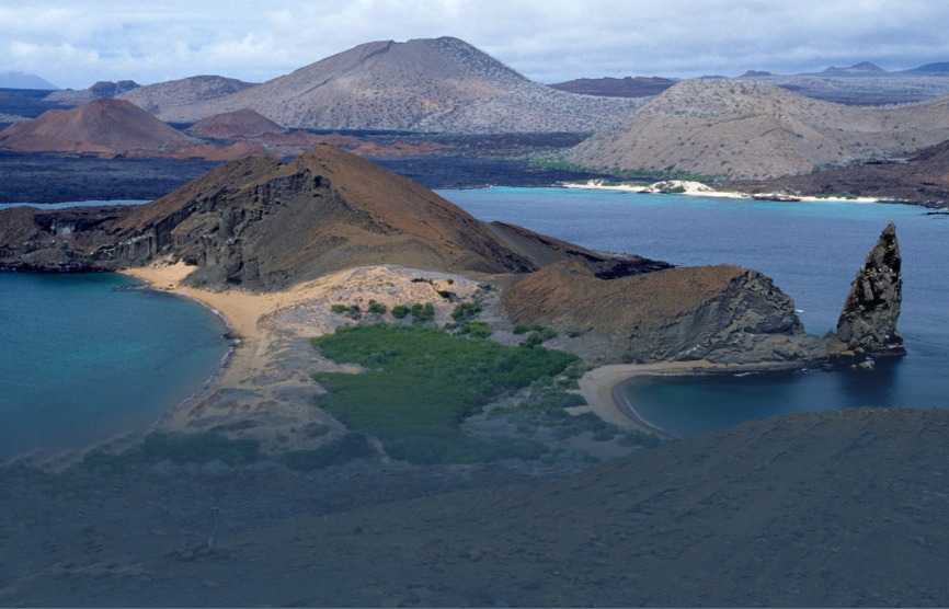 Aerial shot of the Galapagos Islands showcasing both water and land landscapes 