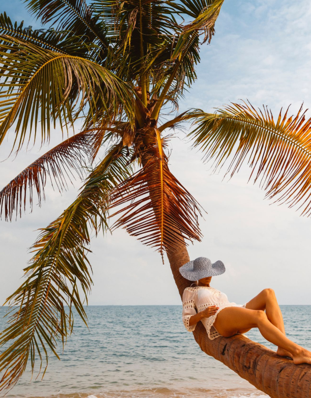 A woman on vacation posing for a picture on a secluded Bali beach, resting on a tree by the ocean in a tropical paradise